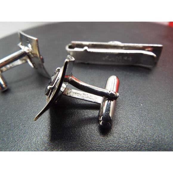 Vintage 3pc Set Anson Sterling Silver Black Onyx Cufflinks & Tie Clip - Picture 8 of 9